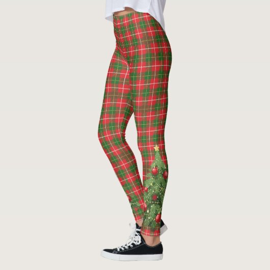 Christmas Plaid Red, Green, White with Tree レギンス (左)