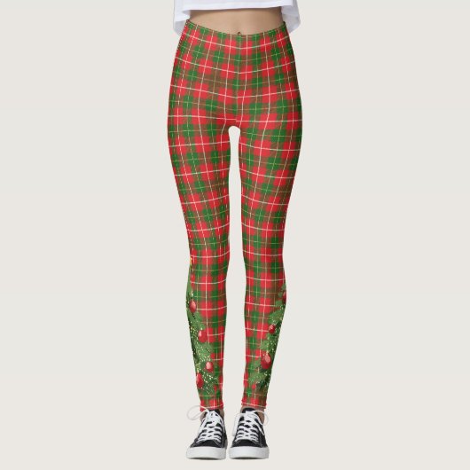Christmas Plaid Red, Green, White with Tree レギンス (正面)