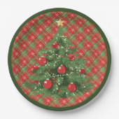 Christmas Plaid Red, Green with Gold Snowflakes ペーパープレート (正面)