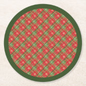 Christmas Plaid Red, Green with Gold Snowflakes ラウンドペーパーコースター (正面)