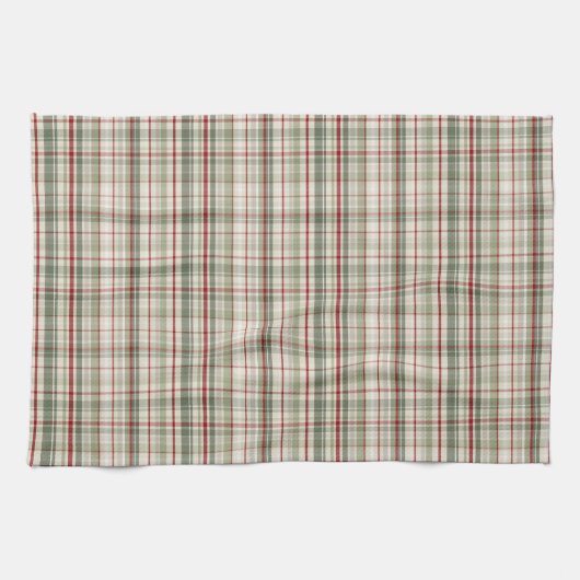 Christmas Plaid - rustic green red ivory キッチンタオル (横)