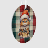 Christmas Plaid Santa Cat With Name オーナメント (正面)