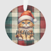 Christmas Plaid Santa Cat With Name オーナメント (正面)