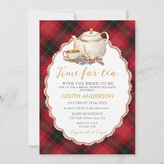 Christmas Plaid Tea Party Bridal Shower Invitation 招待状 (正面)