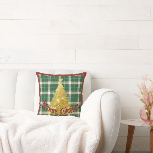Christmas Plaid with Gold Tree クッション (ソファ)