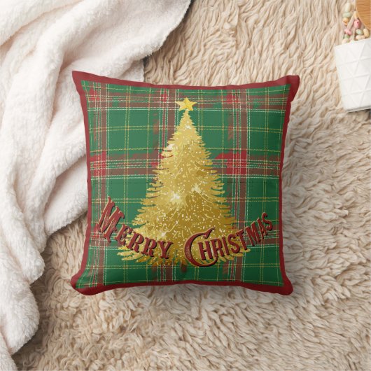 Christmas Plaid with Gold Tree クッション (ブランケット)