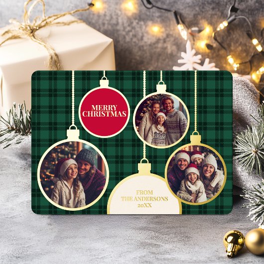 Christmas Plaids Family Photo Foil Green 箔シーズンカード