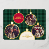 Christmas Plaids Family Photo Foil Green 箔シーズンカード (正面)