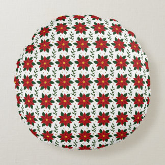 Christmas Poinsettia Floral Pattern | Red Green ラウンドクッション