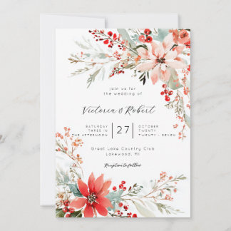 Christmas Poinsettia floral Wedding Invitation 招待状