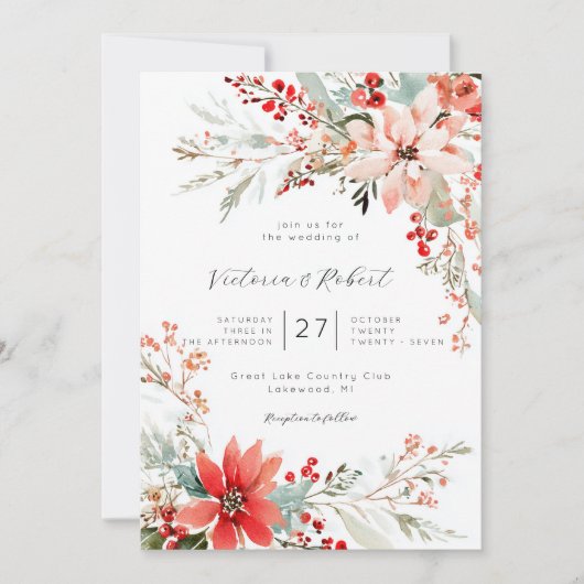 Christmas Poinsettia floral Wedding Invitation 招待状 (正面)