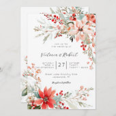 Christmas Poinsettia floral Wedding Invitation 招待状 (正面/裏面)