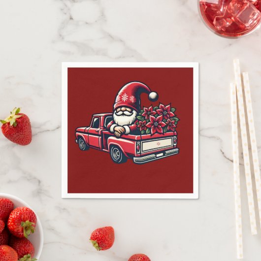 Christmas Poinsettia Gnome On Red Pickup Truck スタンダードカクテルナプキン (インサイチュ)