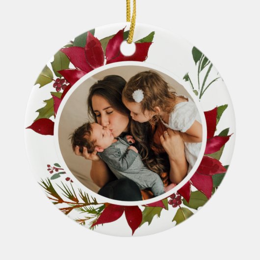 Christmas Poinsettia Joyeux Noel写真 セラミックオーナメント (正面)