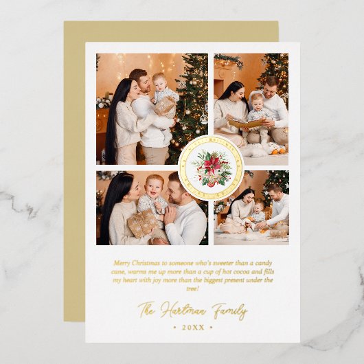 Christmas Poinsettias Bouquet Classic 4 Photos 箔シーズンカード (正面/裏面)