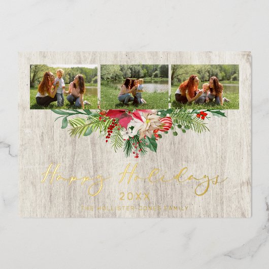Christmas Poinsettias Garland Classic 3 Photos 箔招待状 (正面)