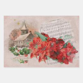 Christmas Poinsettias Vintage ラッピングペーパーシート