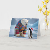 Christmas Polar Bear and Penguin Friends カード (黄色い花)