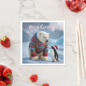 Christmas Polar Bear and Penguin On a Glacier スタンダードカクテルナプキン (インサイチュ)