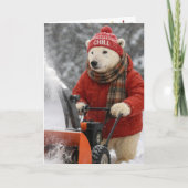Christmas Polar Bear Pushing a Snowblower カード (正面)