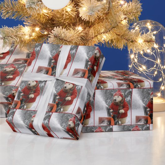 Christmas Polar Bear Pushing a Snowblower ラッピングペーパー (クリスマス)