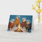 Christmas Polar Bears Around a Bonfire カード (黄色い花)