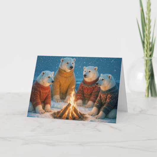 Christmas Polar Bears Around a Bonfire カード (正面)