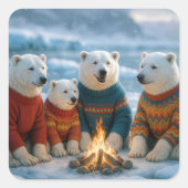 Christmas Polar Bears Around a Bonfire スクエアシール (正面)