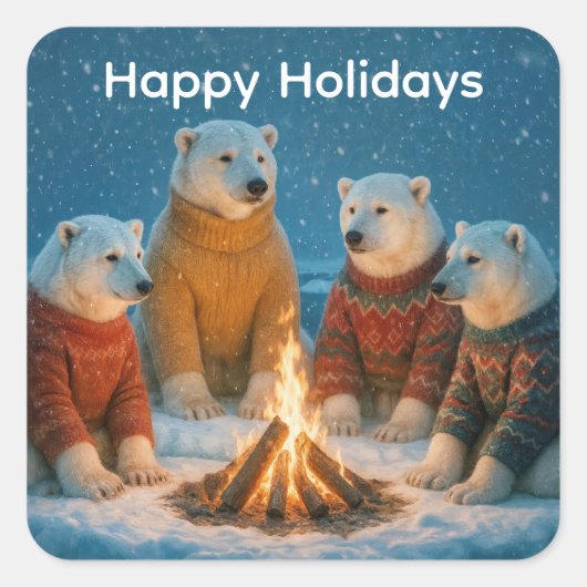 Christmas Polar Bears Around a Bonfire スクエアシール (正面)