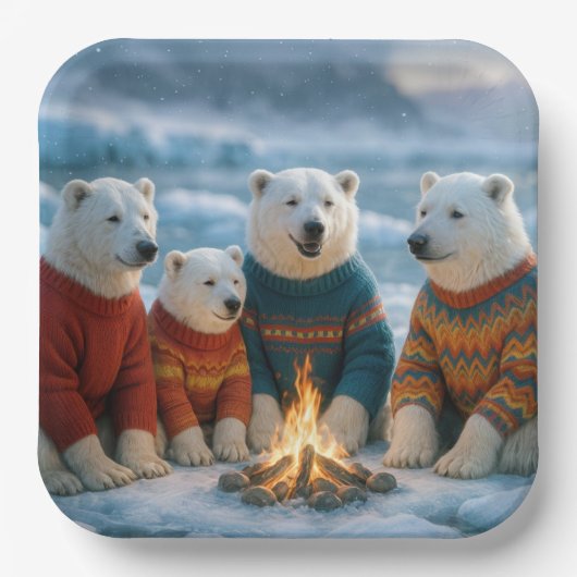 Christmas Polar Bears Around a Bonfire ペーパープレート (正面)