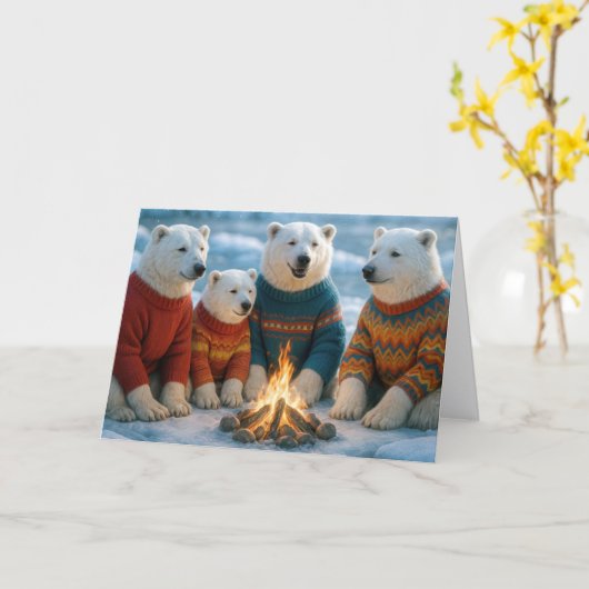 Christmas Polar Bears Gathering Around a Bonfire カード (黄色い花)