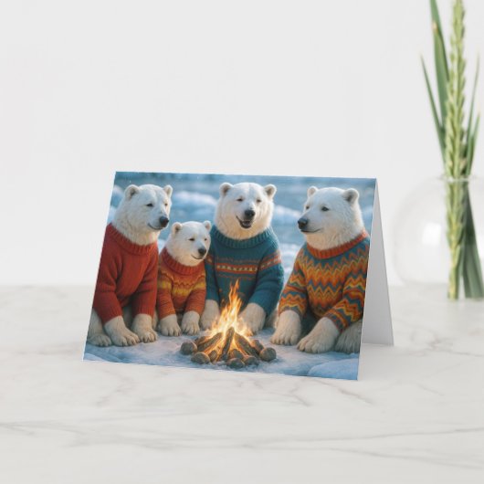 Christmas Polar Bears Gathering Around a Bonfire カード (正面)