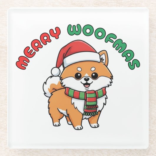 Christmas Pomeranian Coaster: Merry Woofmas ガラスコースター (正面)