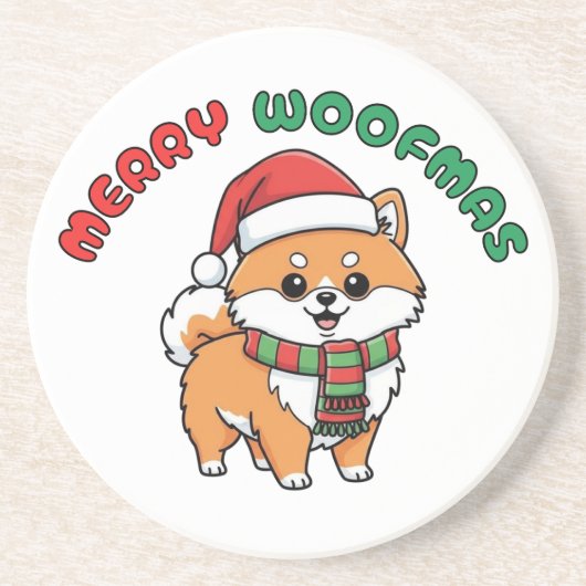 Christmas Pomeranian Coaster: Merry Woofmas コースター (正面)