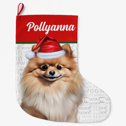 Christmas Pomeranian Dog with Name Woof ラージクリスマスストッキング (正面)