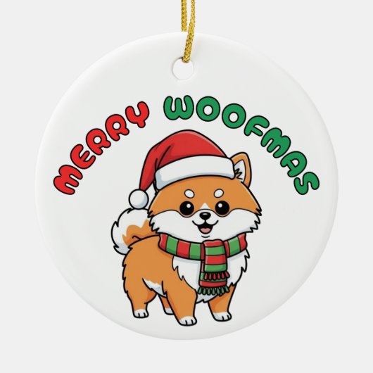 Christmas Pomeranian Ornament: Merry Woofmas セラミックオーナメント (正面)
