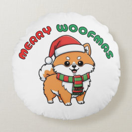 Christmas Pomeranian Round Pillow: Merry Woofmas ラウンドクッション