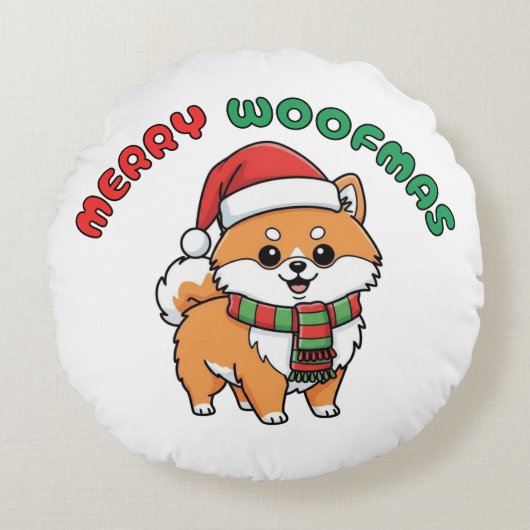 Christmas Pomeranian Round Pillow: Merry Woofmas ラウンドクッション (正面)