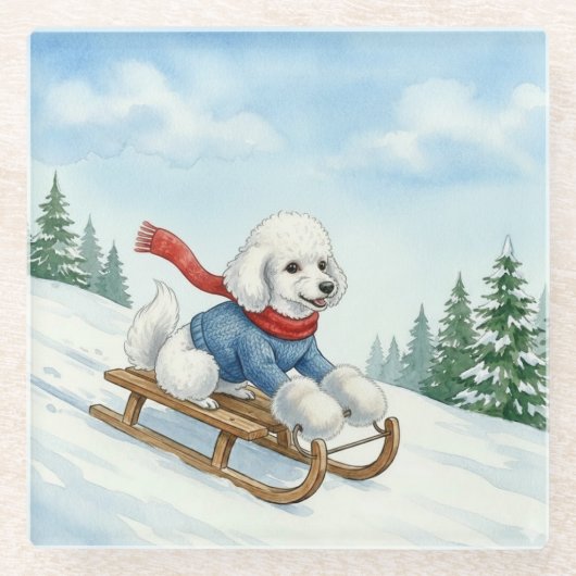 Christmas Poodle Sledding, Glass Coaster ガラスコースター (正面)