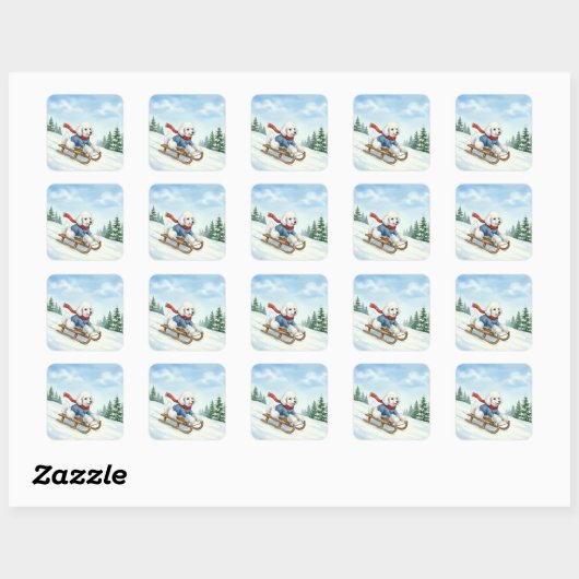 Christmas Poodle Sledding, Stickers スクエアシール (シート)