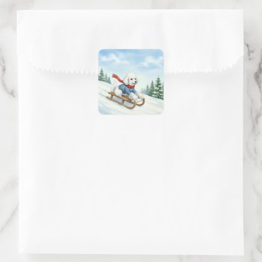 Christmas Poodle Sledding, Stickers スクエアシール (バッグ)