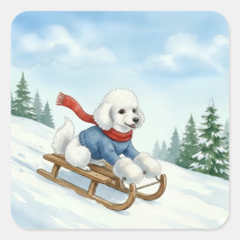 Christmas Poodle Sledding, Stickers スクエアシール