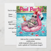 Christmas Pool Party  Cute Hippo on Flamingo Float 招待状 (正面/裏面)