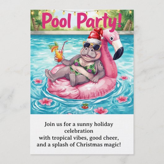 Christmas Pool Party  Cute Hippo on Flamingo Float 招待状 (正面)