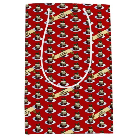 Christmas Pudding Merry Christmas! Holly Pattern ミディアムペーパーバッグ (正面)