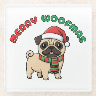 Christmas Pug Coaster: Merry Woofmas ガラスコースター