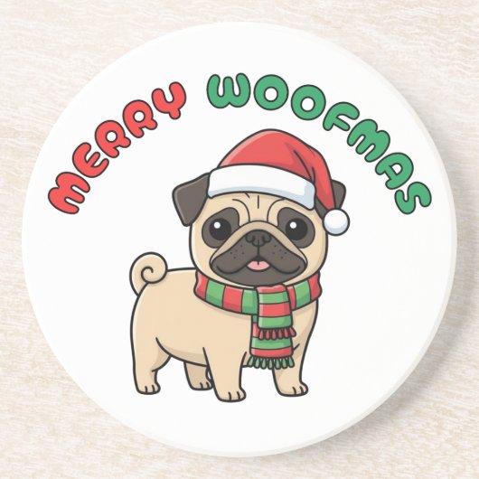 Christmas Pug Coaster: Merry Woofmas コースター (正面)