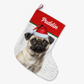 Christmas Pug Dog with Name Woof ラージクリスマスストッキング (正面 (吊り時))