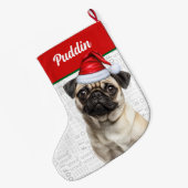Christmas Pug Dog with Name Woof ラージクリスマスストッキング (裏面 (吊り時))