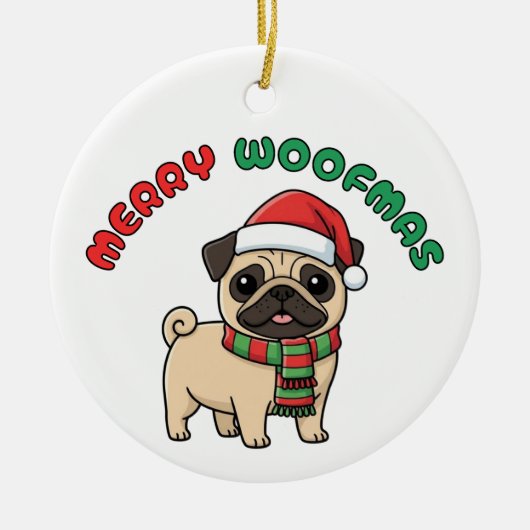 Christmas Pug Ornament: Merry Woofmas セラミックオーナメント (正面)